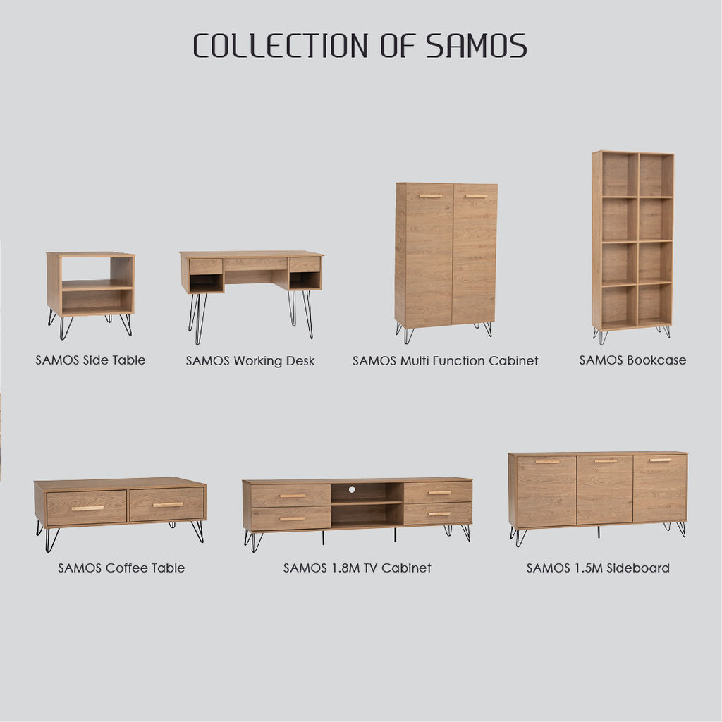 Samos 1.8m tv cabinet in Matt Black Epoxy colour leg, Oak colour top