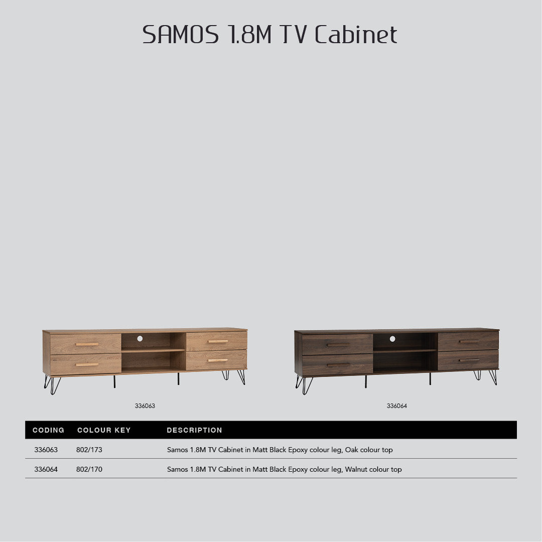 Samos 1.8m tv cabinet in Matt Black Epoxy colour leg, Oak colour top