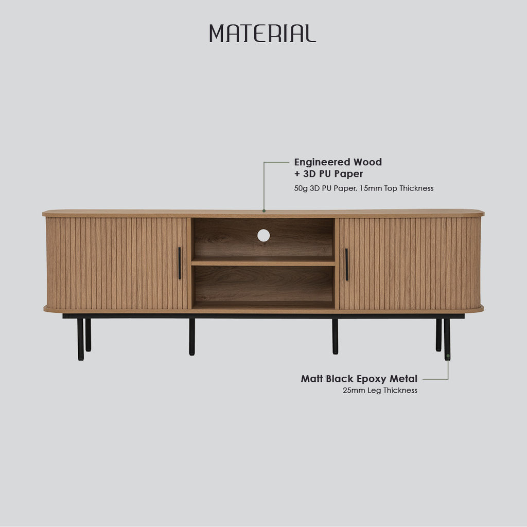 Malmo 1.8m tv cabinet in Matt Black Epoxy leg, Oak colour body