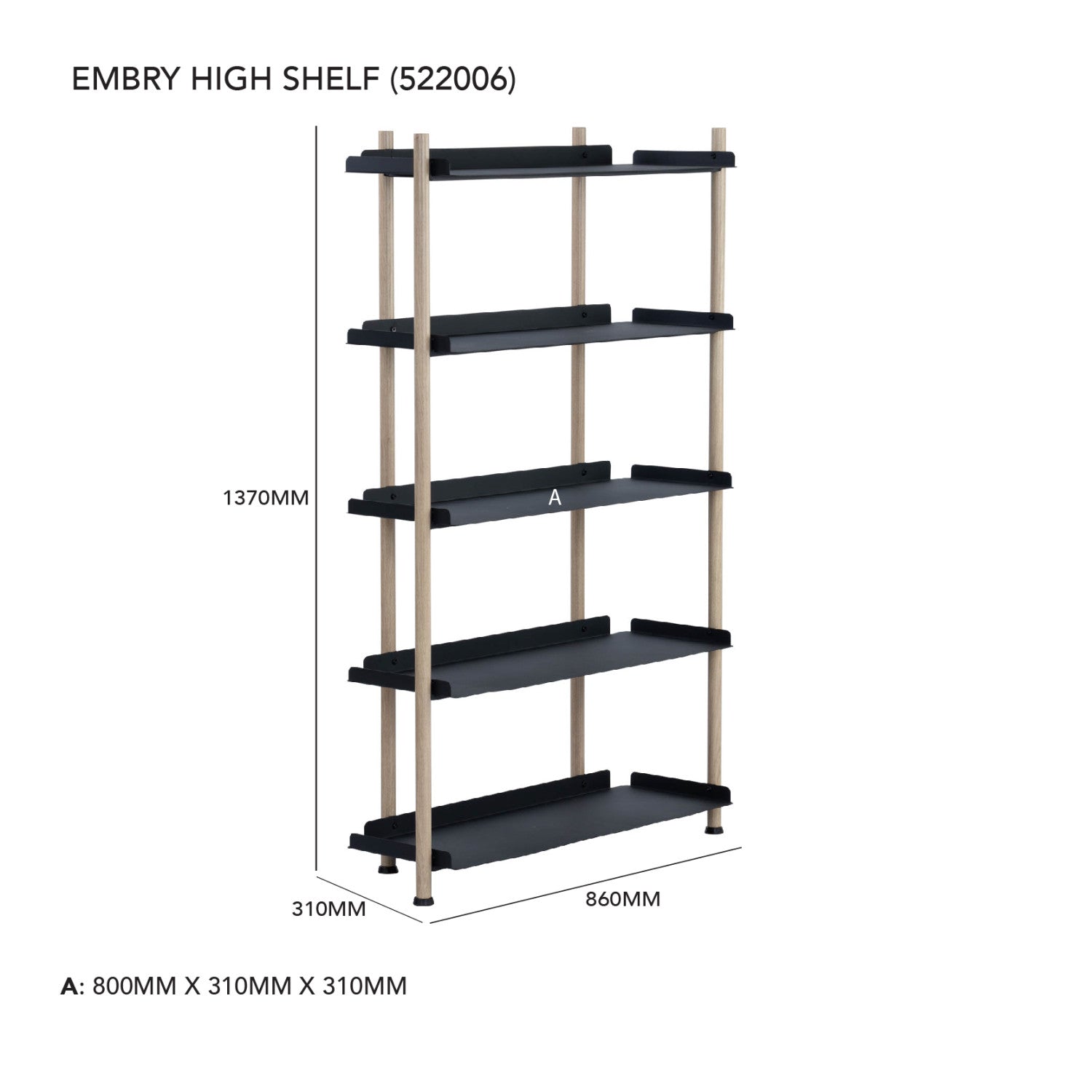 Embry High Shelf with Smoke Oak colour frame, Matt Black Epoxy shelving.