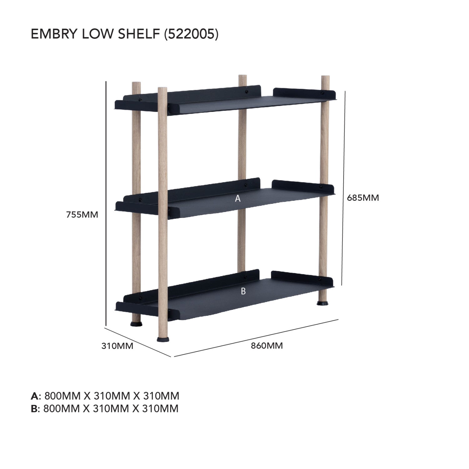 Embry Low Shelf with Smoke Oak colour frame, Matt Black Epoxy shelving.