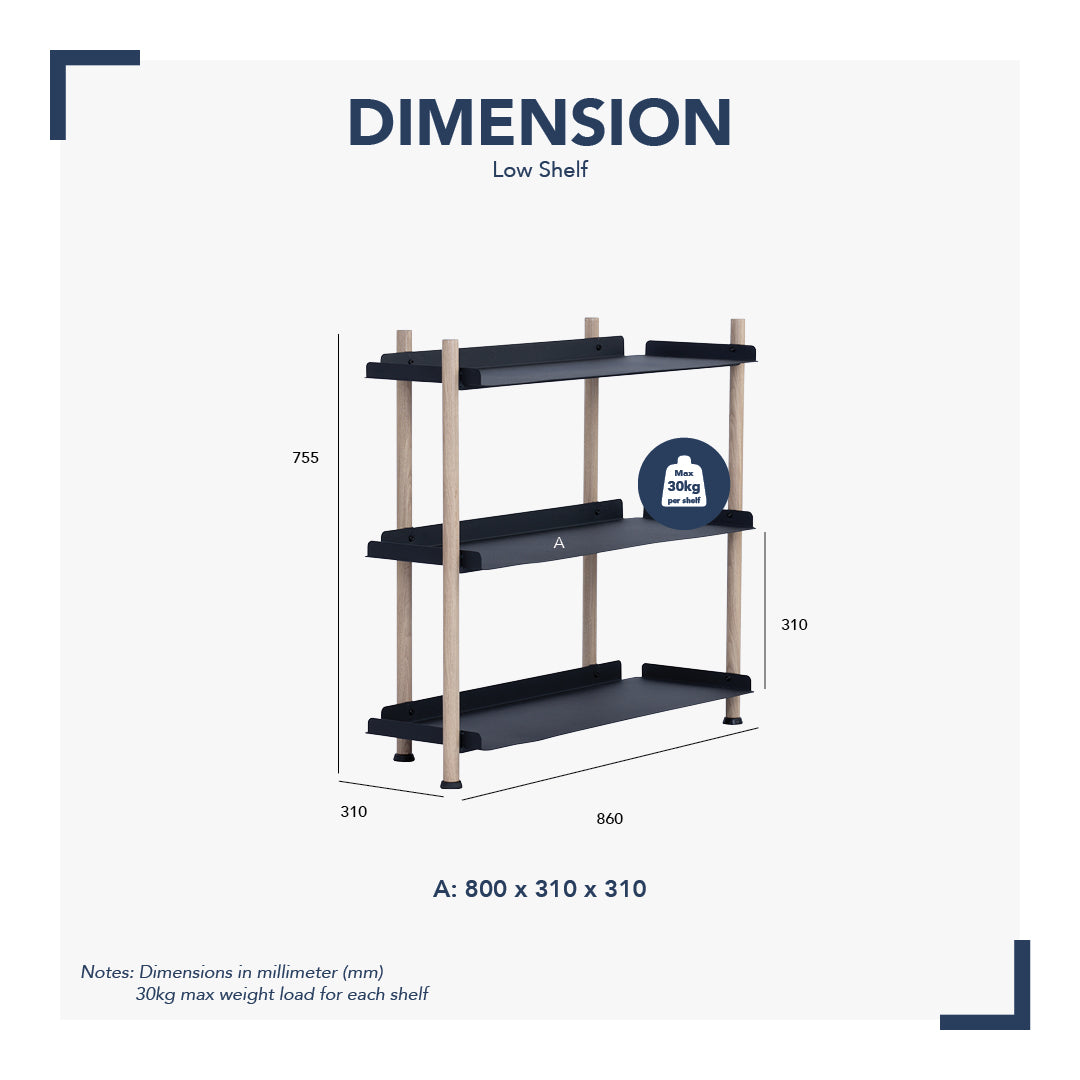 Embry Low Shelf with Smoke Oak colour frame, Matt Black Epoxy shelving.