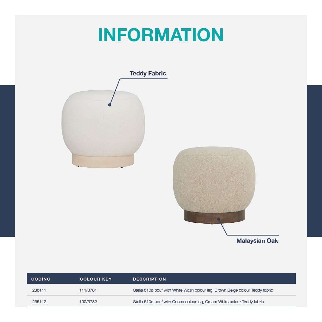 Stelia 510ø pouf with Cocoa colour leg, Cream White colour Teddy fabric.