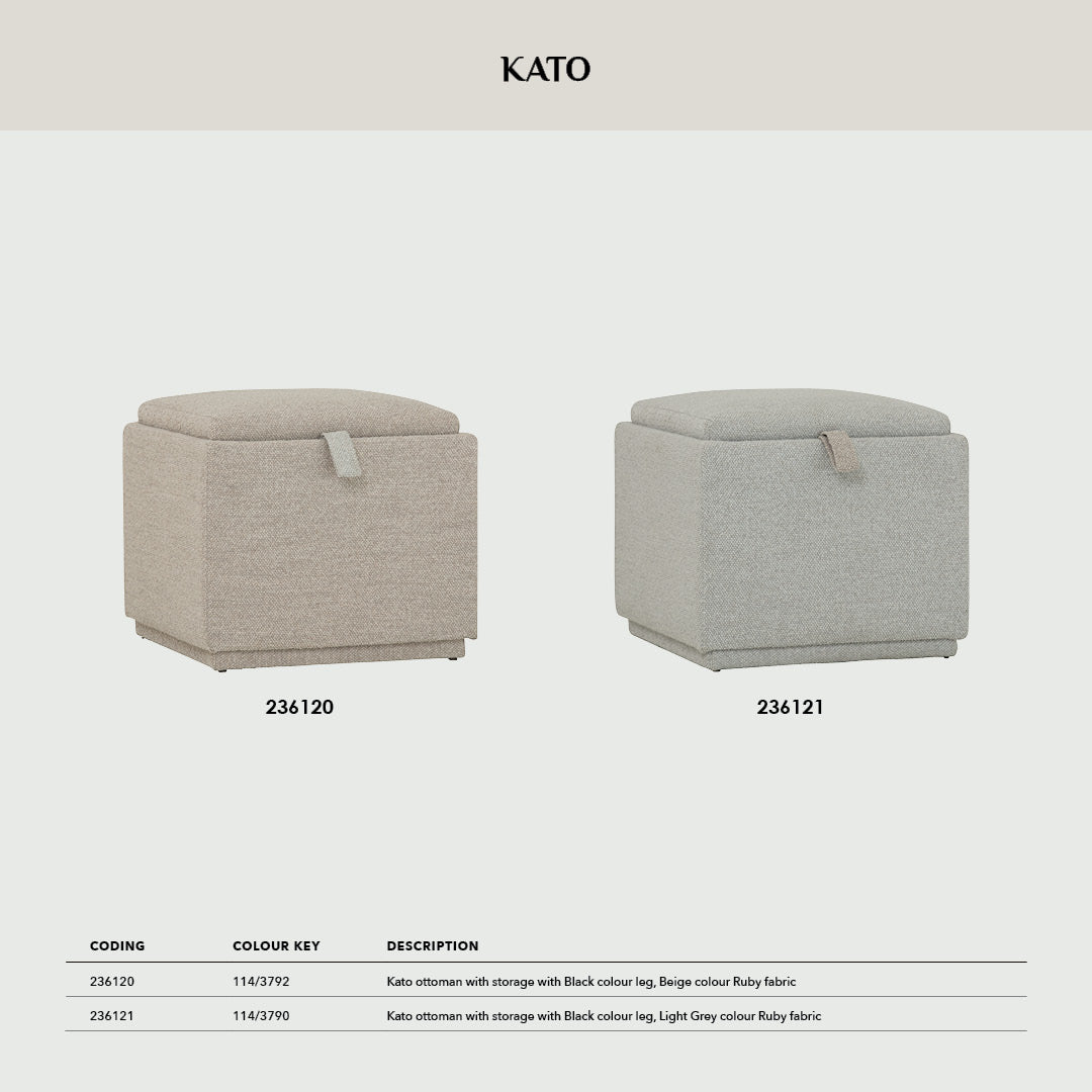 Kato ottoman with storage with Black colour leg, Light Grey colour Ruby fabric.