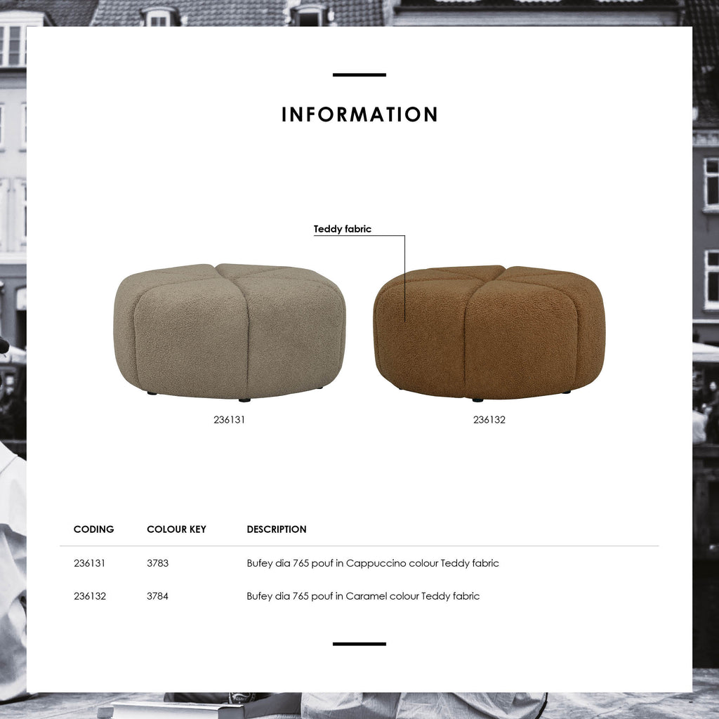 Bufey Dia 765 pouf in Cappuccino colour Teddy fabric
