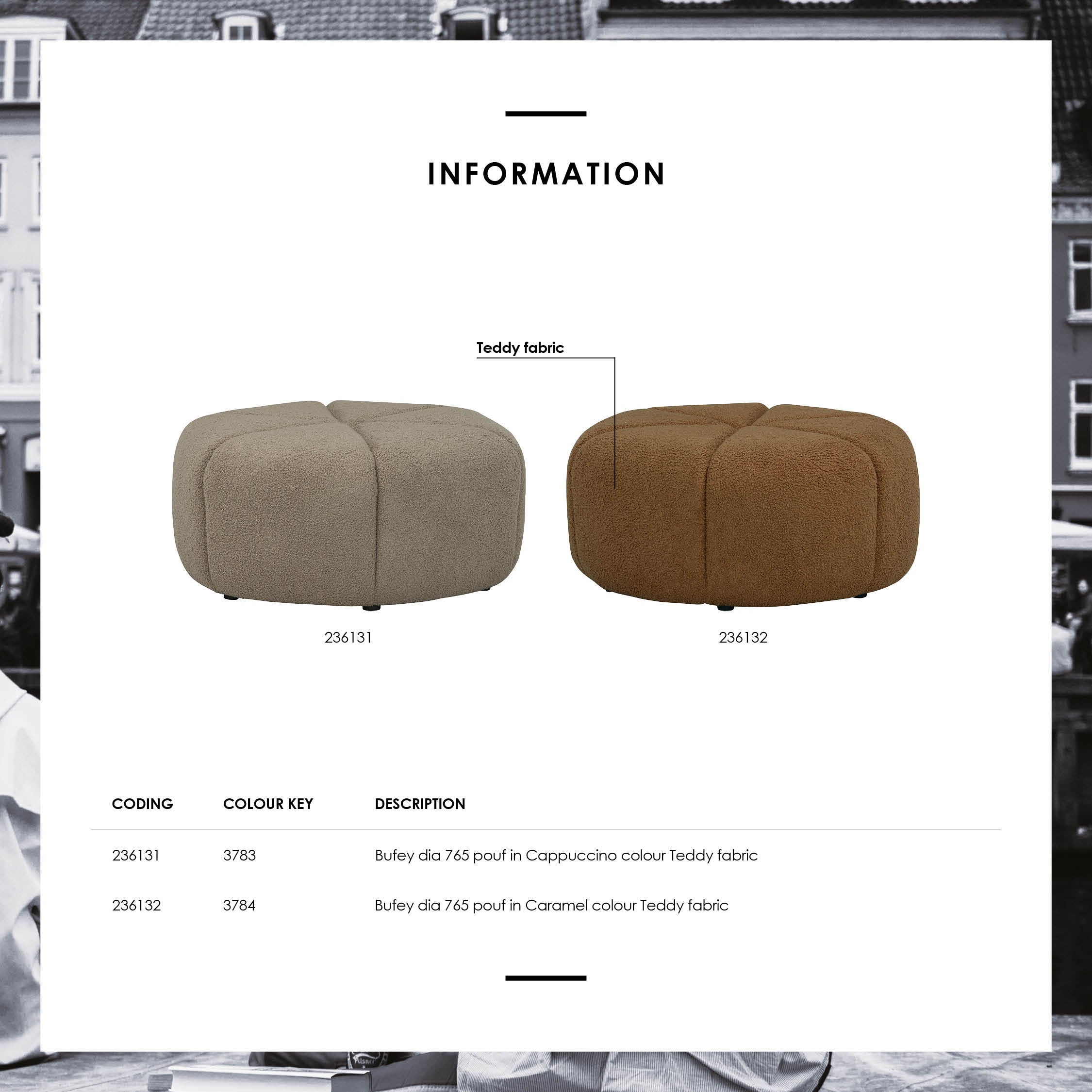 Bufey Dia 765 pouf in Cappuccino colour Teddy fabric