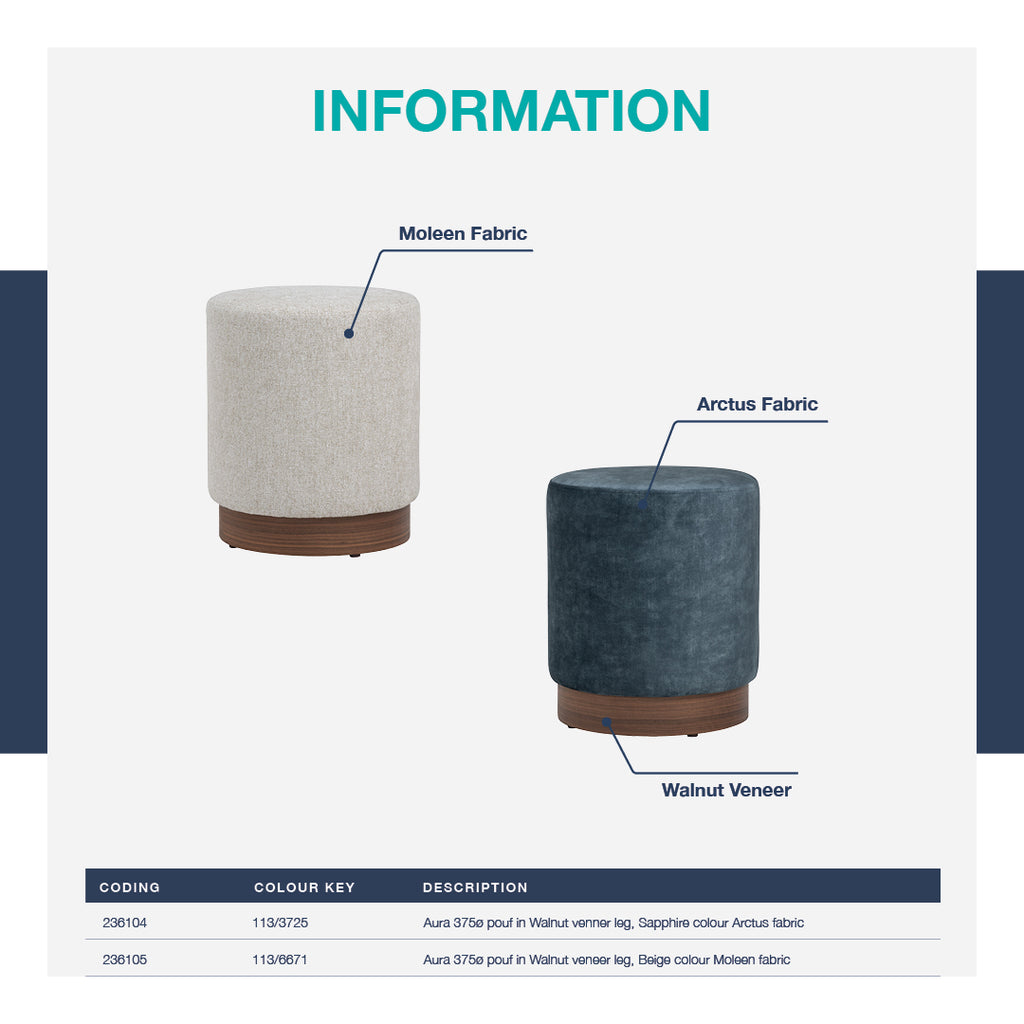 Aura 375ø pouf in Walnut veneer leg, Beige colour Moleen fabric