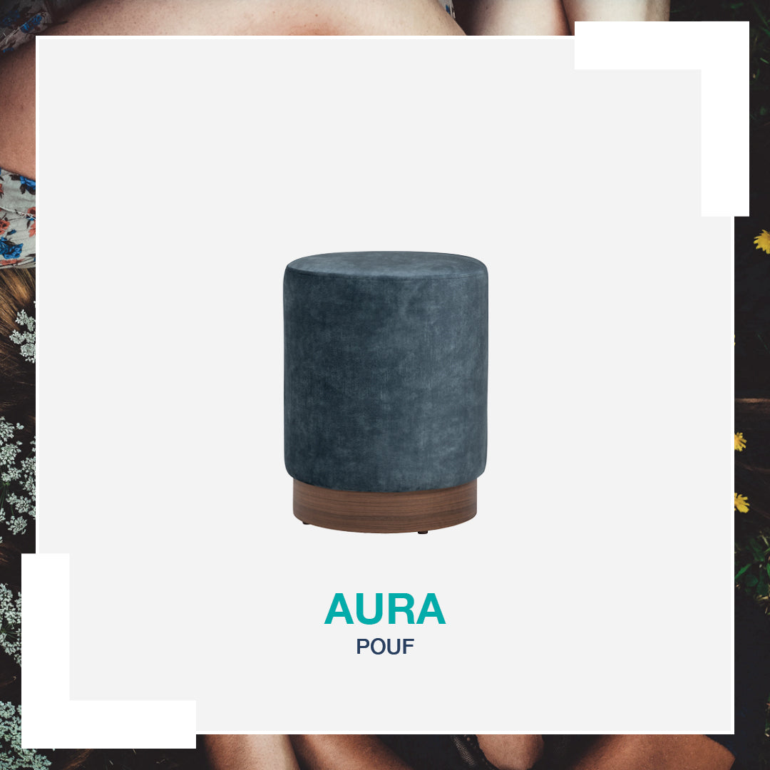 Aura 375ø pouf in Walnut veneer leg, Beige colour Moleen fabric
