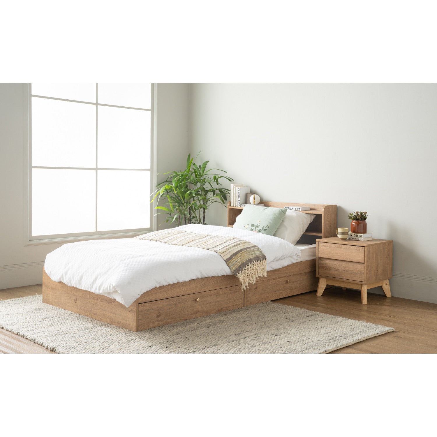 Hirado super single bed with storage in Oak colour (Fit mattress size 1070x1930)