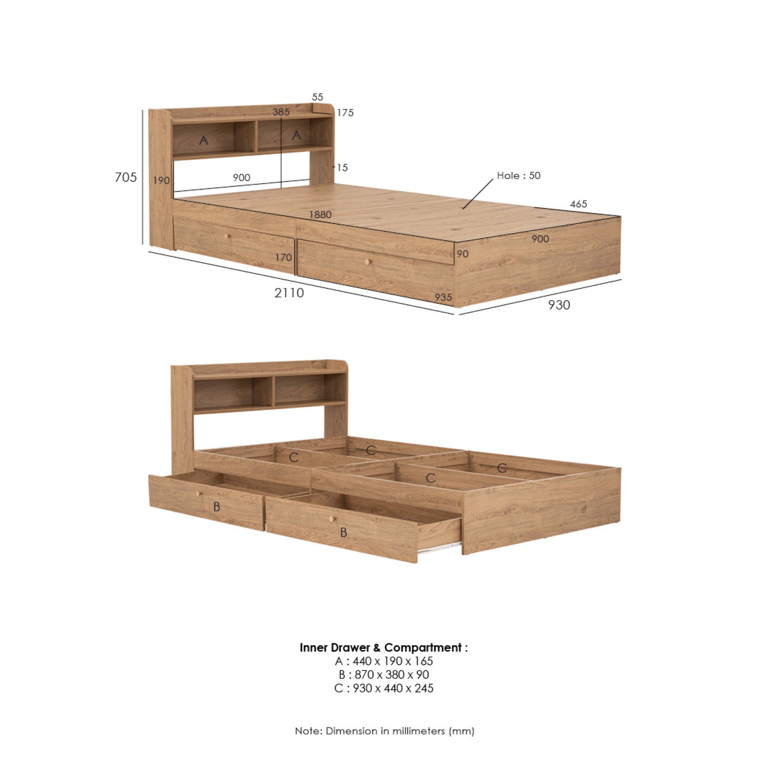 Hirado super single bed with storage in Oak colour (Fit mattress size 1070x1930)