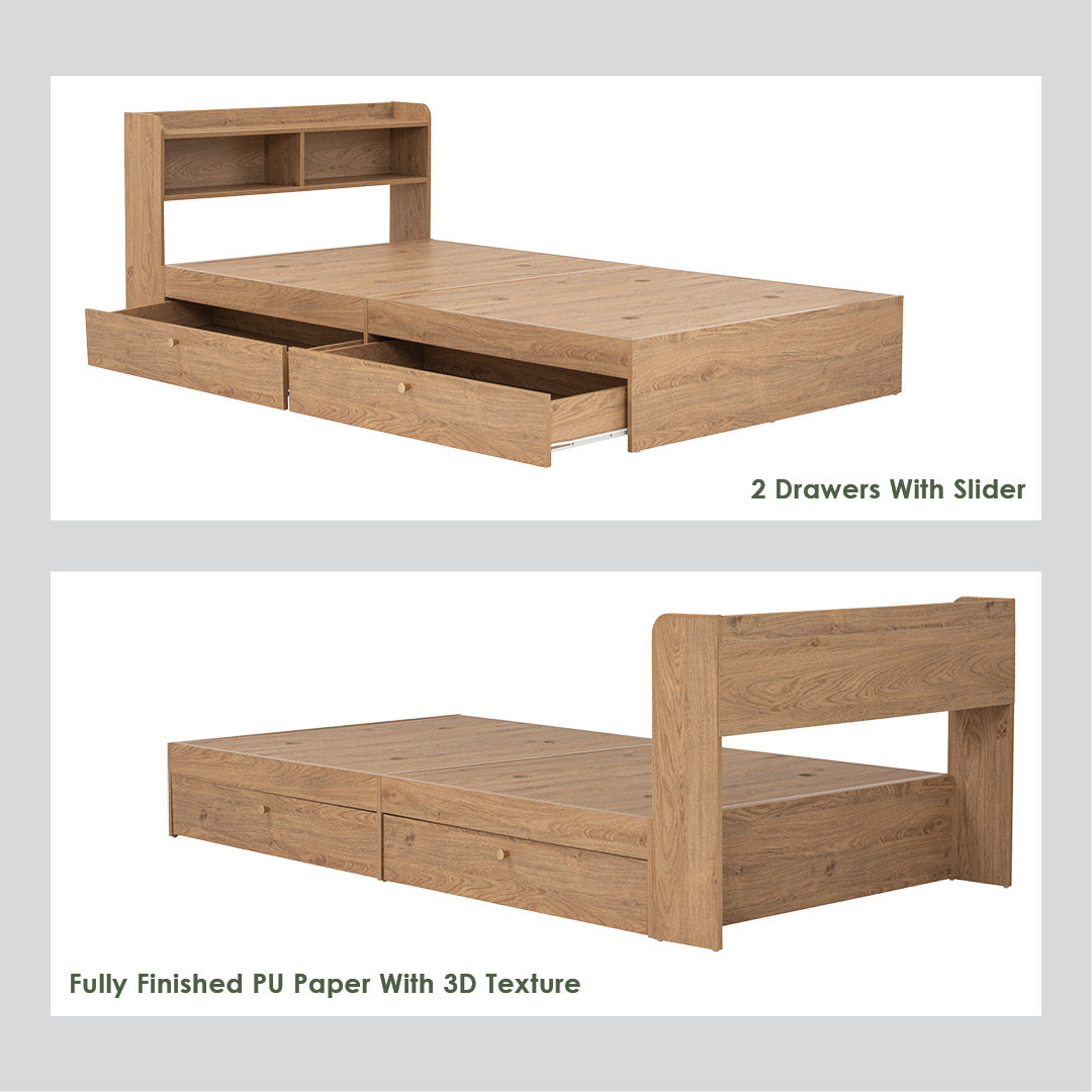 Hirado super single bed with storage in Oak colour (Fit mattress size 1070x1930)