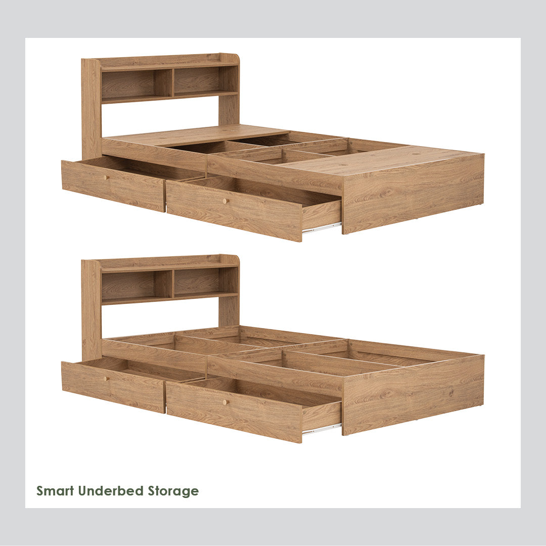 Hirado super single bed with storage in Oak colour (Fit mattress size 1070x1930)