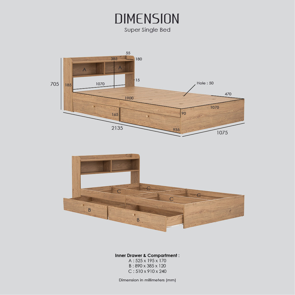 Hirado super single bed with storage in Oak colour (Fit mattress size 1070x1930)