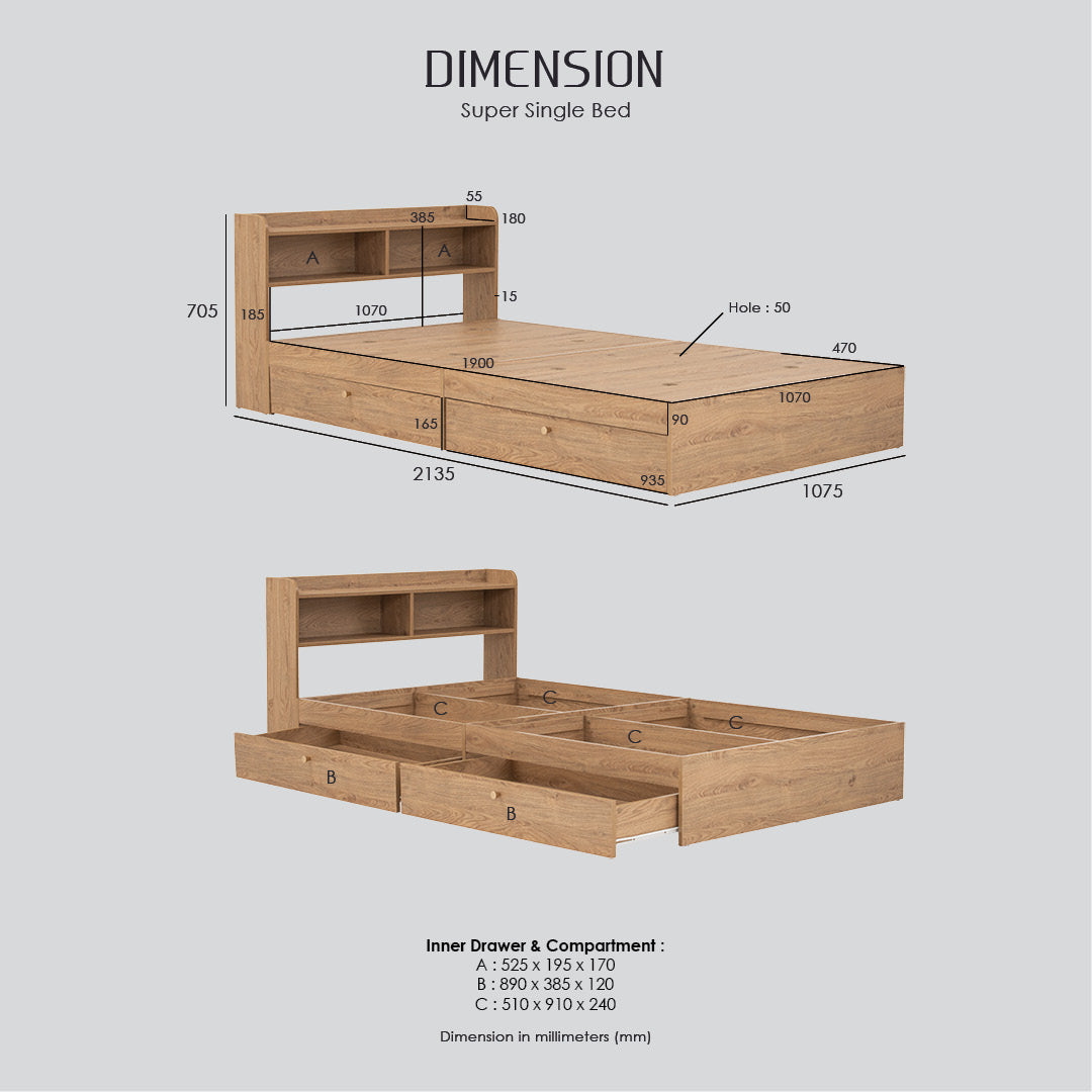 Hirado super single bed with storage in Oak colour (Fit mattress size 1070x1930)
