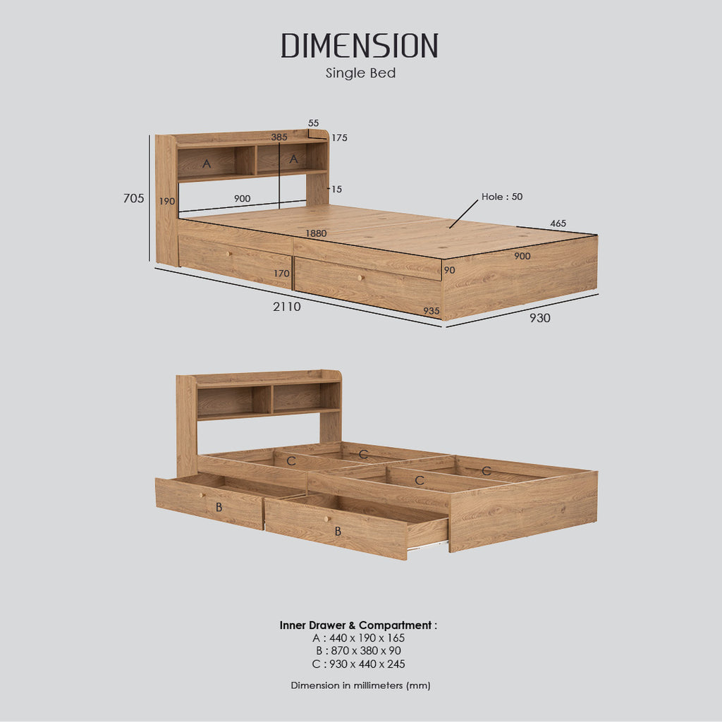 Hirado single bed with storage in Oak colour (Fit mattress size 900x1930).