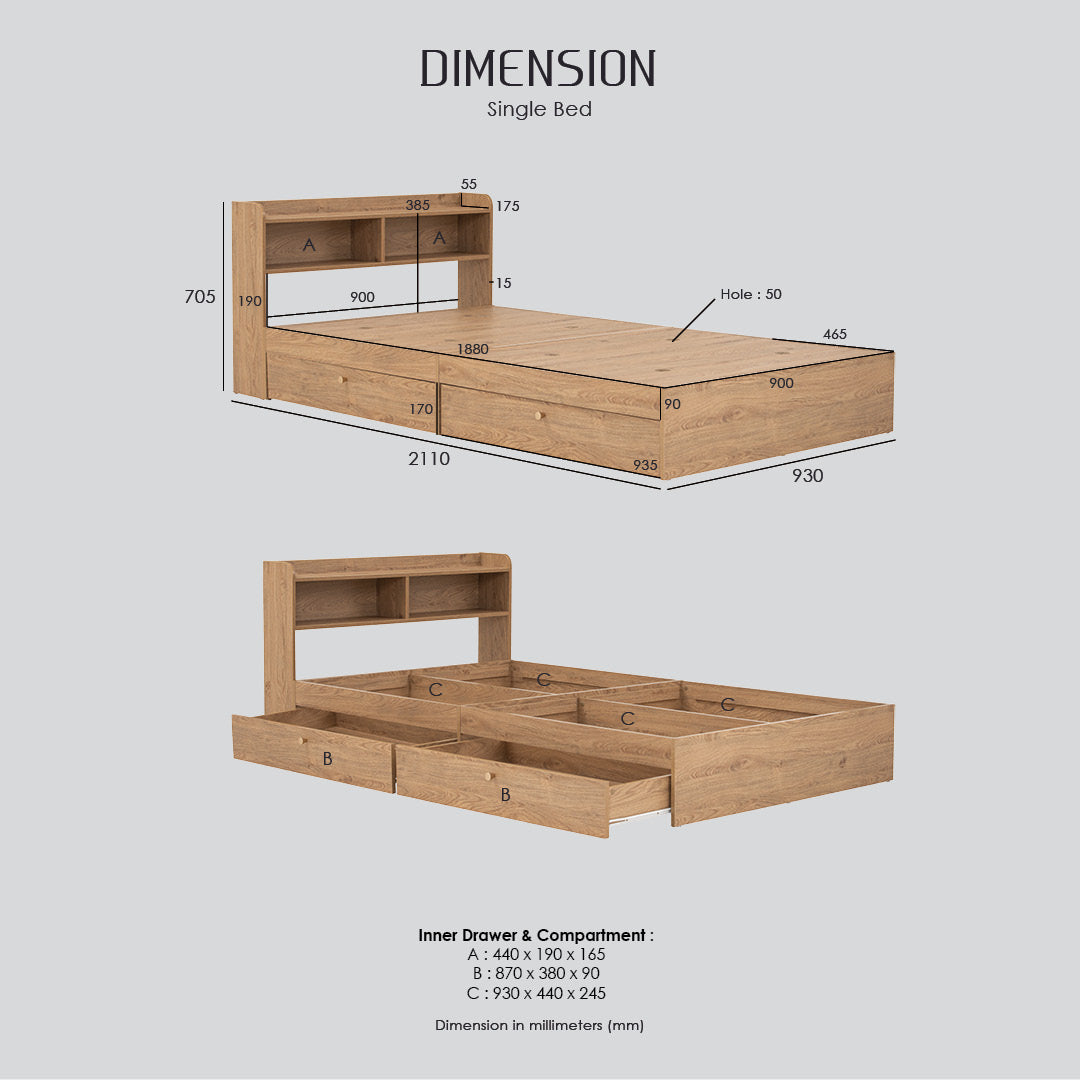 Hirado single bed with storage in Oak colour (Fit mattress size 900x1930).