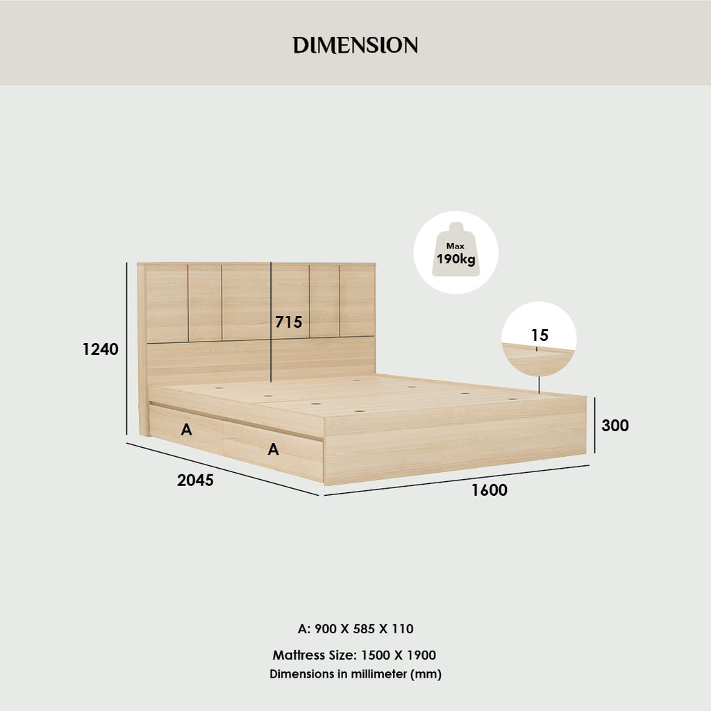 Harrington Queen bed with storage in Coimbra colour (Fit mattress: 1500mm x 1900mm)