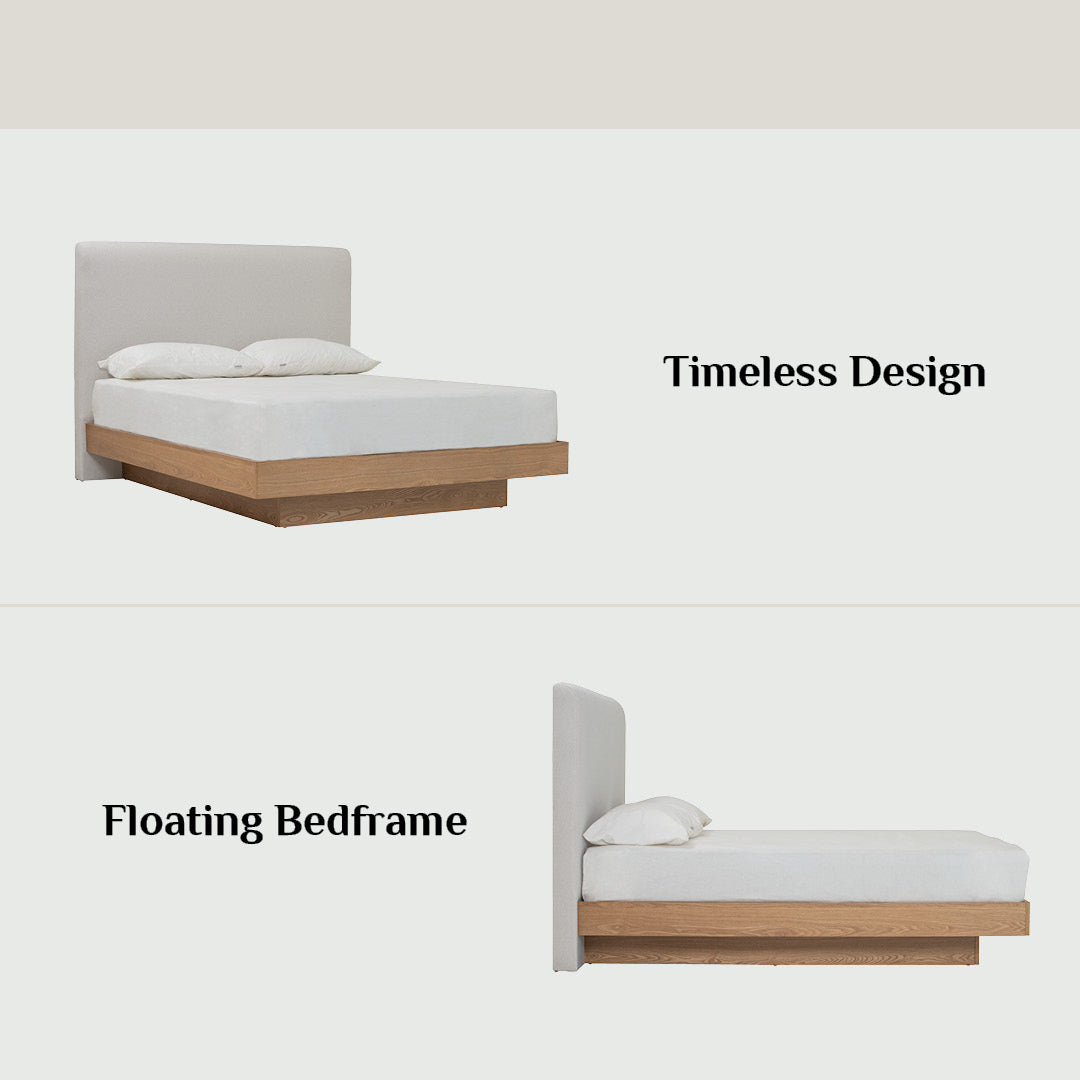 Yume Queen Bed with storage on Natural colour body, Dark Grey colour Mohair fabric (Pet friendly fabric) (Fit mattress: 1530x1930mm - Bed Panel)