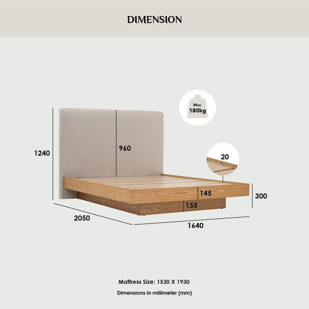 Yume Queen Bed with storage on Natural colour body, Dark Grey colour Mohair fabric (Pet friendly fabric) (Fit mattress: 1530x1930mm - Bed Panel)