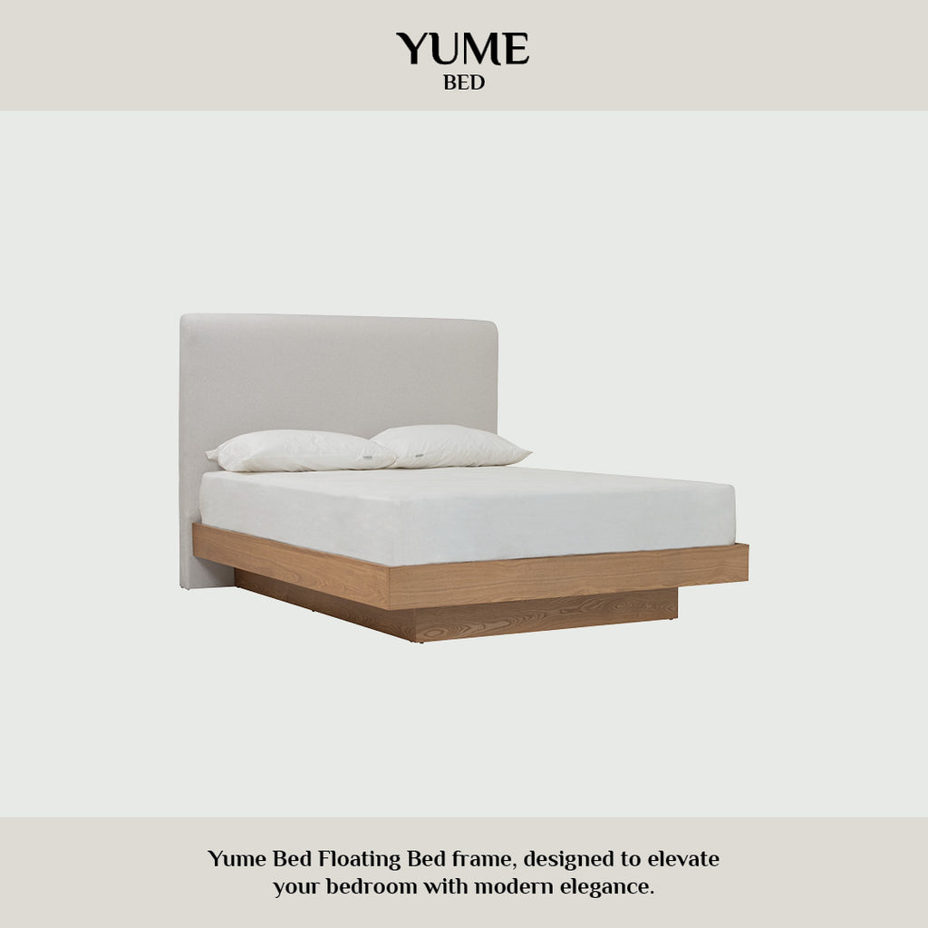 Yume Queen Bed with storage on Natural colour body, Dark Grey colour Mohair fabric (Pet friendly fabric) (Fit mattress: 1530x1930mm - Bed Panel)