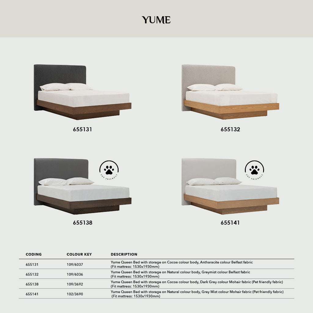 Yume Queen Bed with storage on Natural colour body, Dark Grey colour Mohair fabric (Pet friendly fabric) (Fit mattress: 1530x1930mm - Bed Panel)