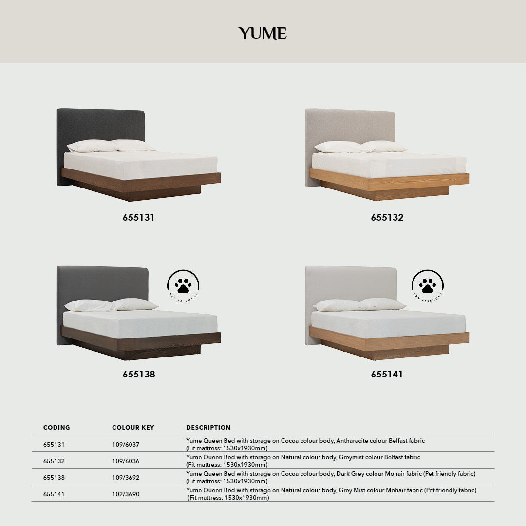 Yume Queen Bed with storage on Natural colour body, Dark Grey colour Mohair fabric (Pet friendly fabric) (Fit mattress: 1530x1930mm - Bed Panel)