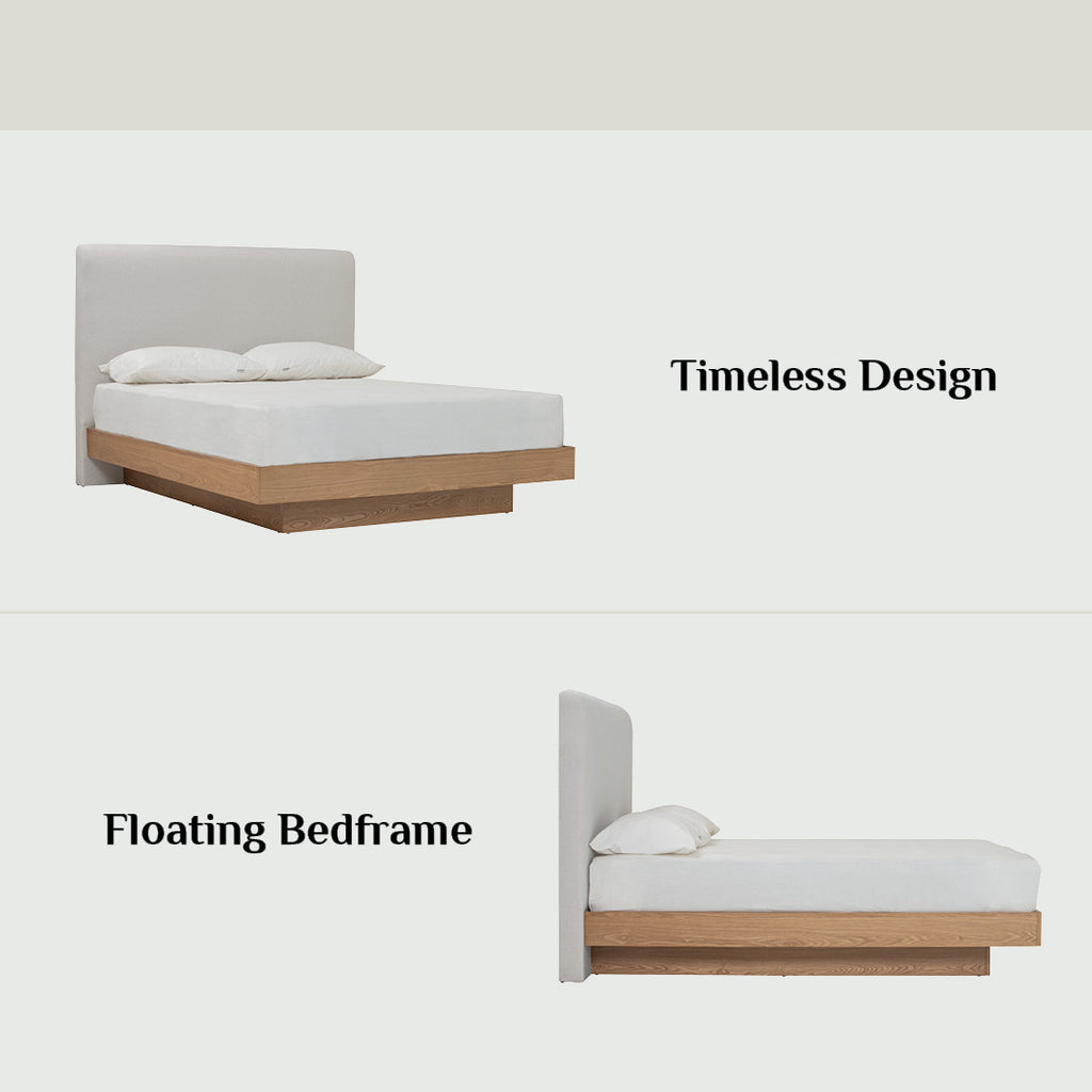 Yume Queen Bed with storage on Natural colour body, Grey Mist colour Mohair fabric (Pet friendly fabric) (Fit mattress: 1530x1930mm - Bed Panel)