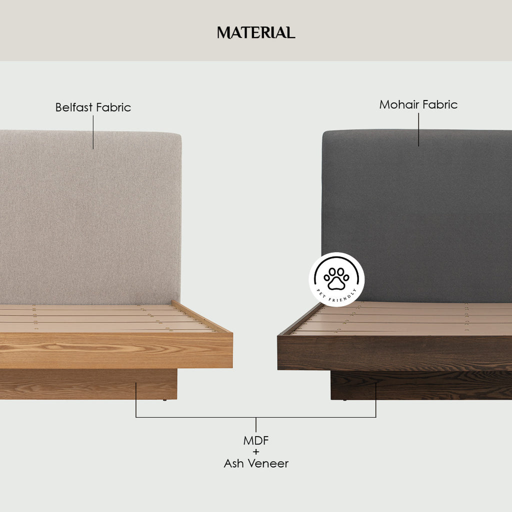 Yume Queen Bed with storage on Natural colour body, Grey Mist colour Mohair fabric (Pet friendly fabric) (Fit mattress: 1530x1930mm - Bed Panel)