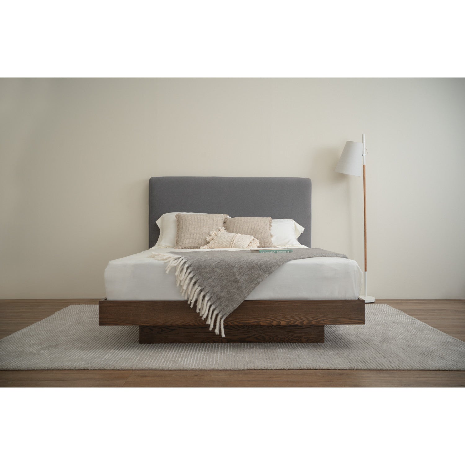 Yume Queen Bed with storage on Natural colour body, Dark Grey colour Mohair fabric (Pet friendly fabric) (Fit mattress: 1530x1930mm - Bed Panel)