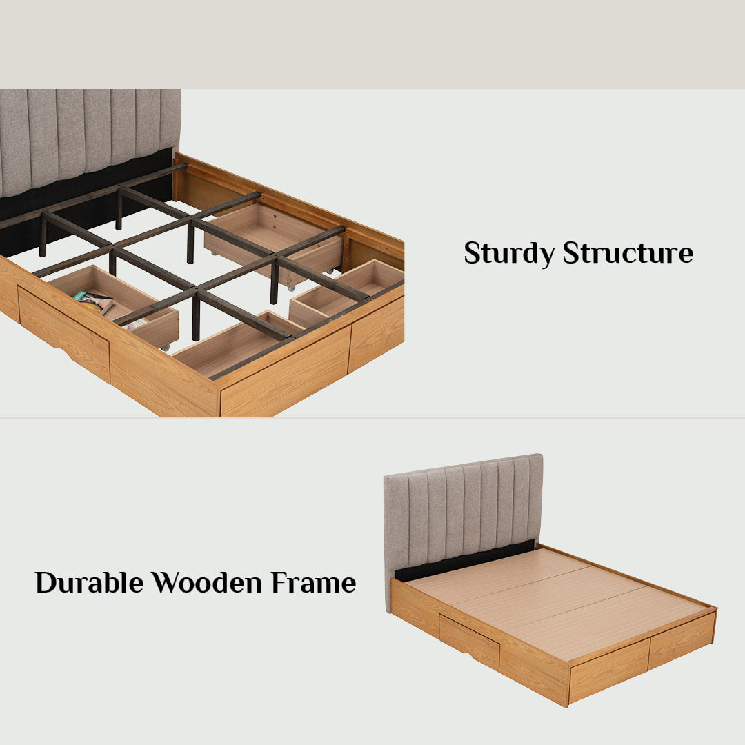 Mola Queen Bed with storage on Cocoa colour body, Anthracite colour Belfast fabric (Fit mattress: 1530mm x 1930mm)