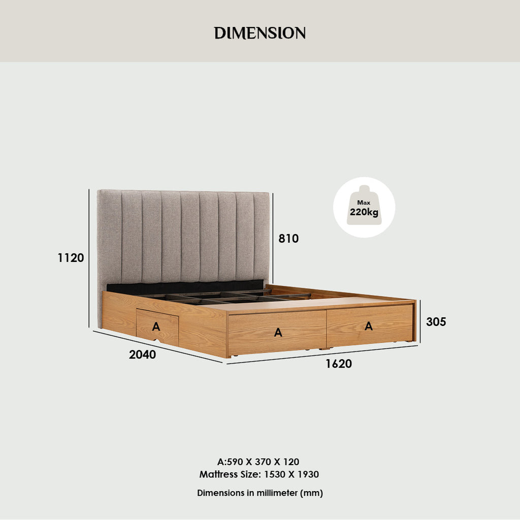 Mola Queen Bed with storage on Cocoa colour body, Anthracite colour Belfast fabric (Fit mattress: 1530mm x 1930mm)