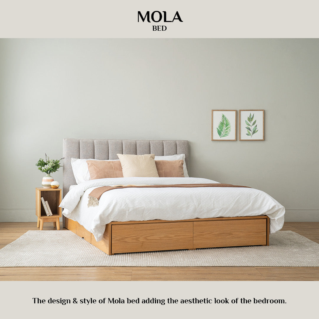 Mola Queen Bed with storage on Natural colour body, Greymist colour Belfast fabric (Fit mattress: 1530mm x 1930mm).