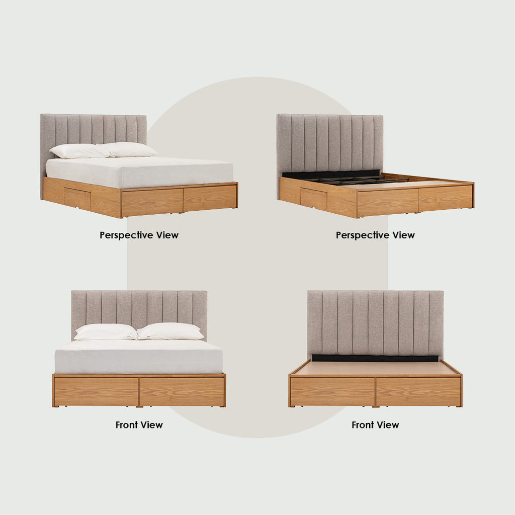 Mola Queen Bed with storage on Cocoa colour body, Anthracite colour Belfast fabric (Fit mattress: 1530mm x 1930mm)