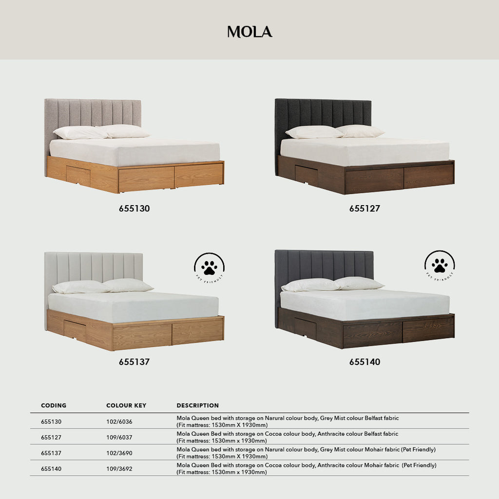 Mola Queen Bed with storage on Natural colour body, Greymist colour Belfast fabric (Fit mattress: 1530mm x 1930mm).