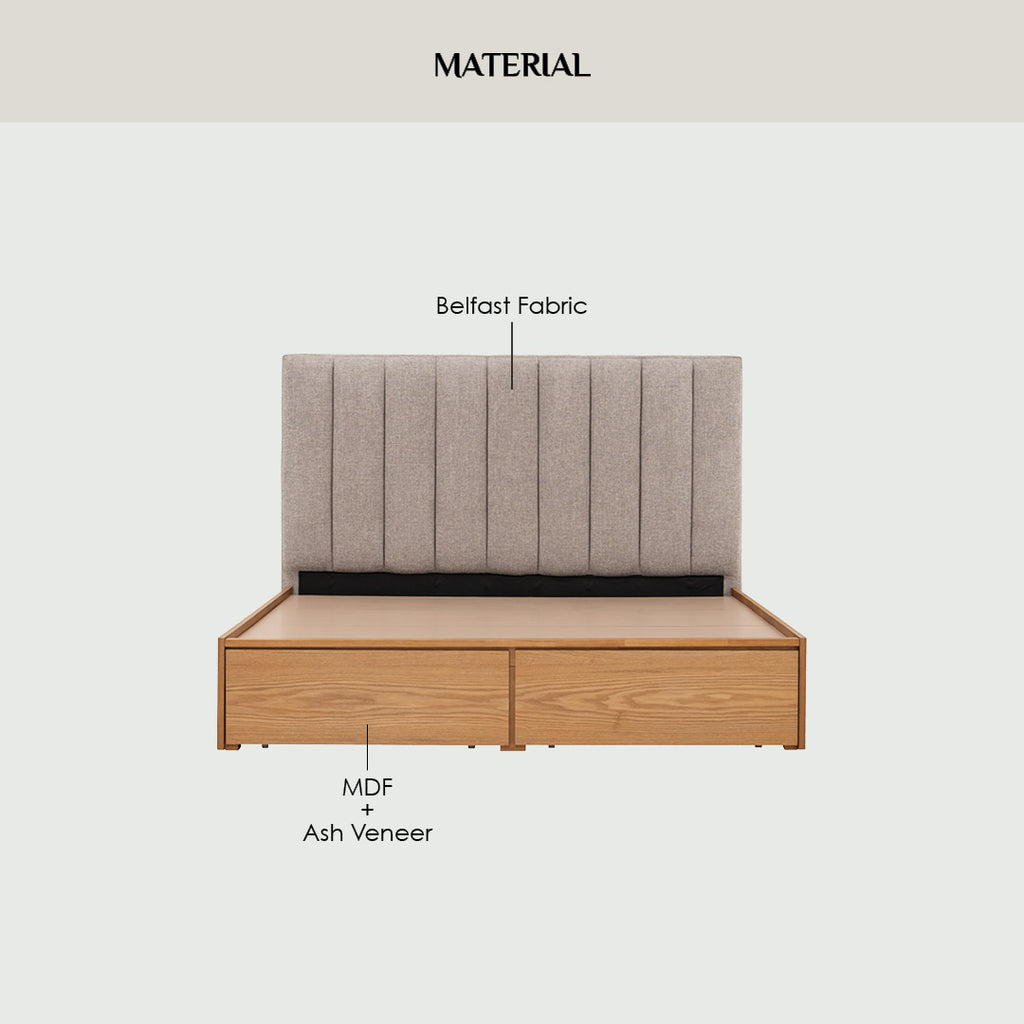 Mola Queen Bed with storage on Cocoa colour body, Anthracite colour Belfast fabric (Fit mattress: 1530mm x 1930mm)