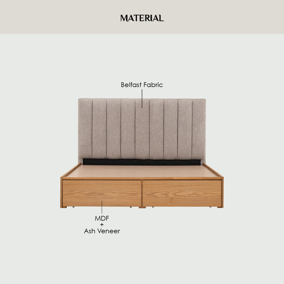 Mola Queen Bed with storage on Cocoa colour body, Anthracite colour Belfast fabric (Fit mattress: 1530mm x 1930mm)