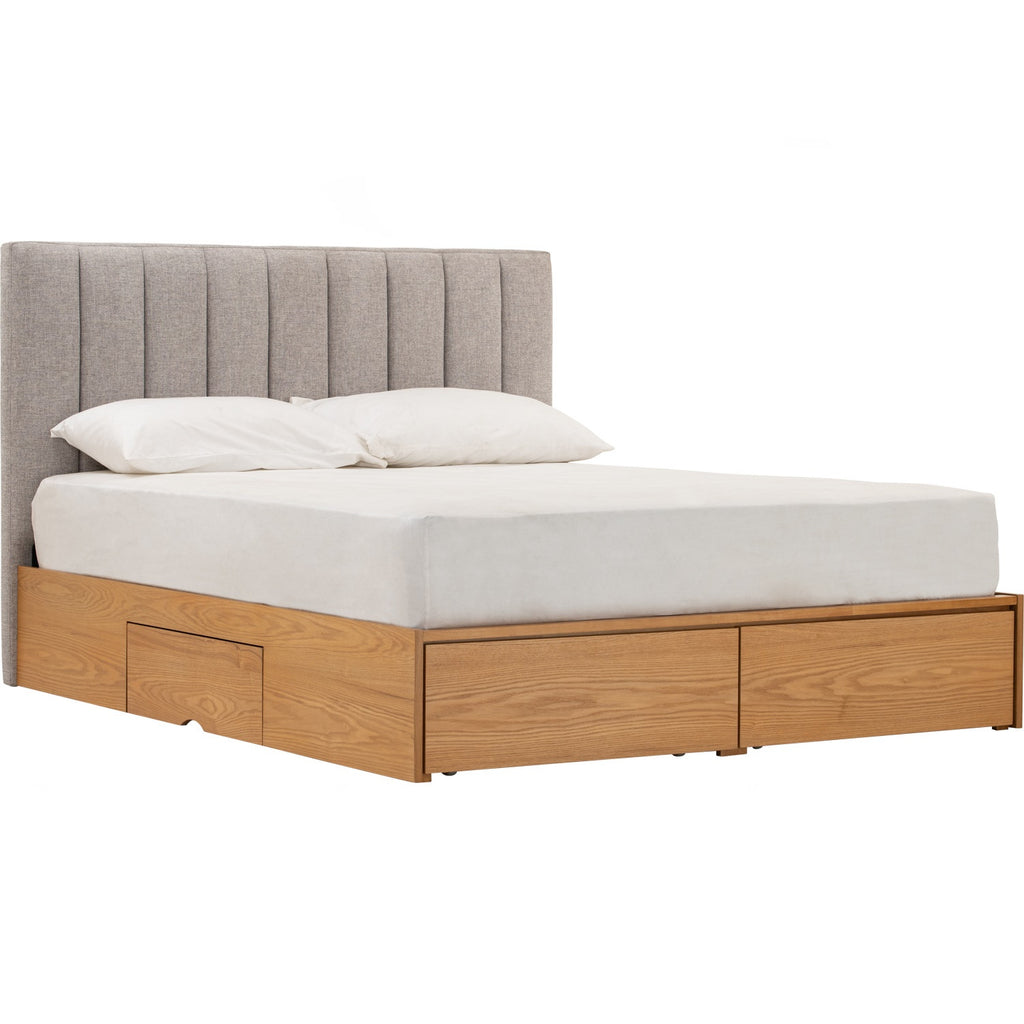 Mola Queen Bed with storage on Natural colour body, Greymist colour Belfast fabric (Fit mattress: 1530mm x 1930mm).