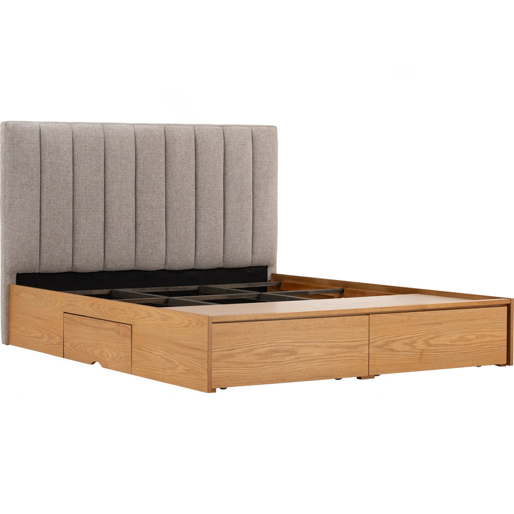 Mola Queen Bed with storage on Natural colour body, Greymist colour Belfast fabric (Fit mattress: 1530mm x 1930mm).