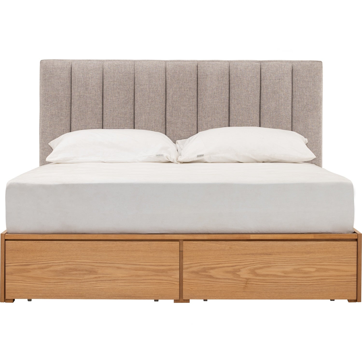 Mola Queen Bed with storage on Natural colour body, Greymist colour Belfast fabric (Fit mattress: 1530mm x 1930mm).