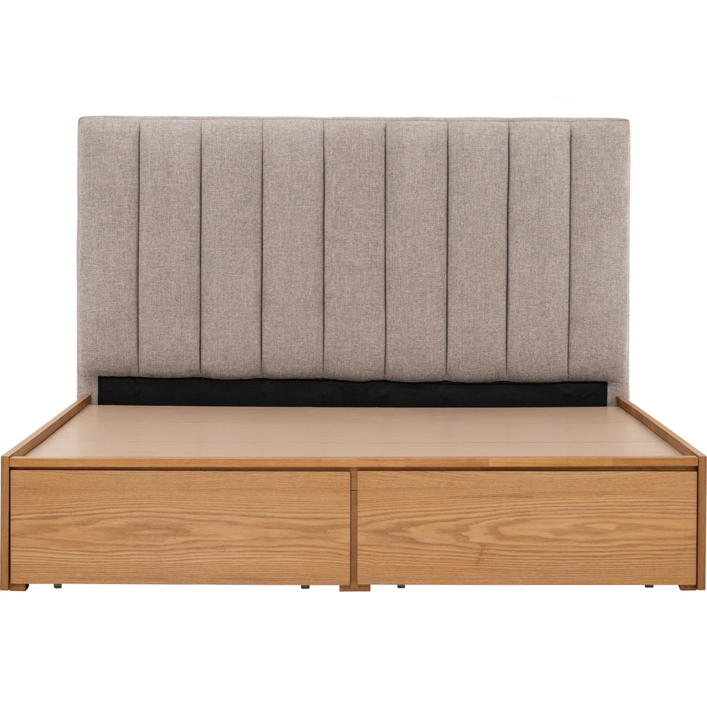Mola Queen Bed with storage on Natural colour body, Greymist colour Belfast fabric (Fit mattress: 1530mm x 1930mm).