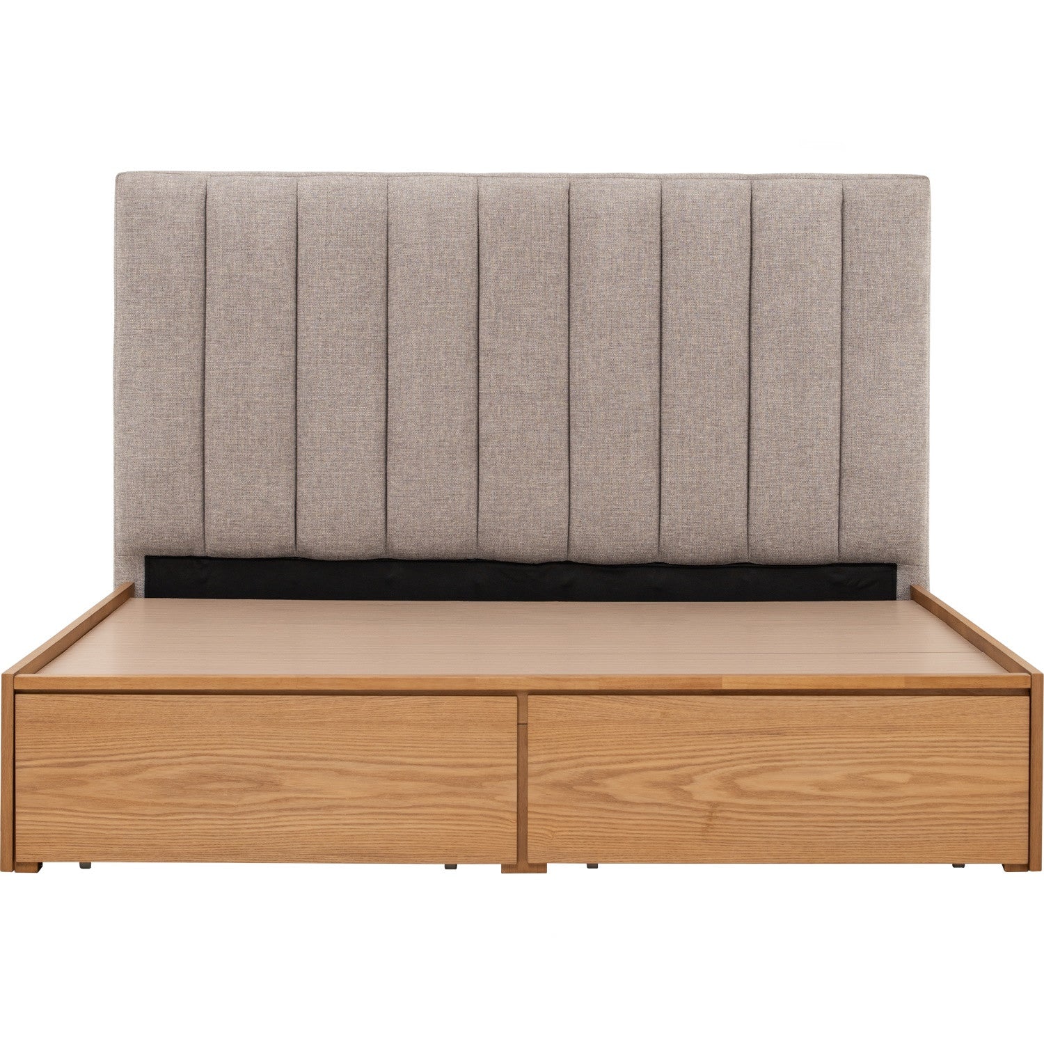 Mola Queen Bed with storage on Natural colour body, Greymist colour Belfast fabric (Fit mattress: 1530mm x 1930mm).