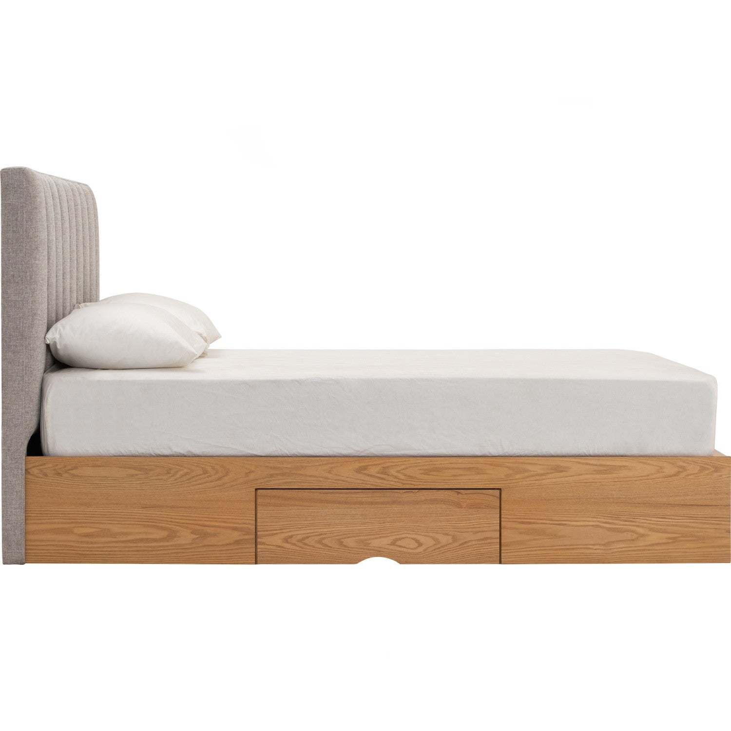 Mola Queen Bed with storage on Natural colour body, Greymist colour Belfast fabric (Fit mattress: 1530mm x 1930mm).