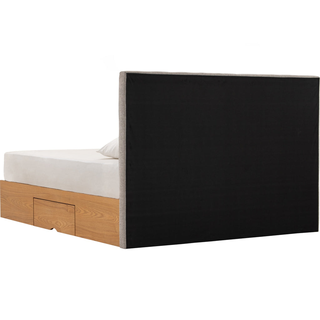 Mola Queen Bed with storage on Natural colour body, Greymist colour Belfast fabric (Fit mattress: 1530mm x 1930mm).