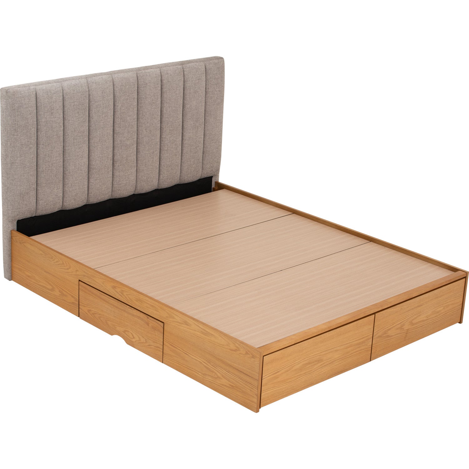 Mola Queen Bed with storage on Natural colour body, Greymist colour Belfast fabric (Fit mattress: 1530mm x 1930mm).