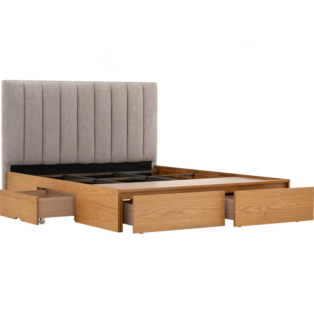 Mola Queen Bed with storage on Natural colour body, Greymist colour Belfast fabric (Fit mattress: 1530mm x 1930mm).