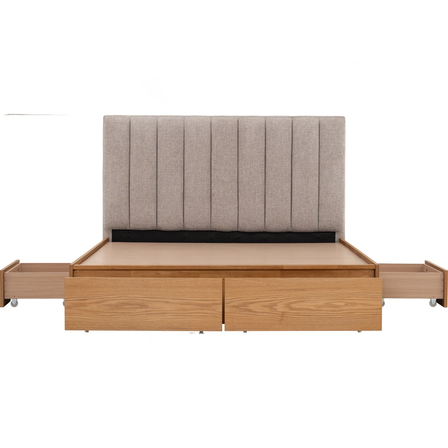 Mola Queen Bed with storage on Natural colour body, Greymist colour Belfast fabric (Fit mattress: 1530mm x 1930mm).