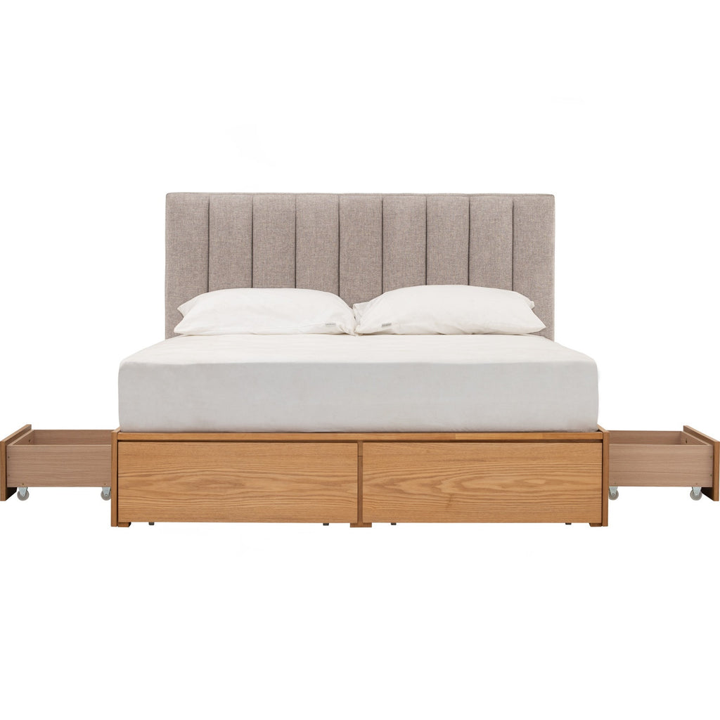 Mola Queen Bed with storage on Natural colour body, Greymist colour Belfast fabric (Fit mattress: 1530mm x 1930mm).