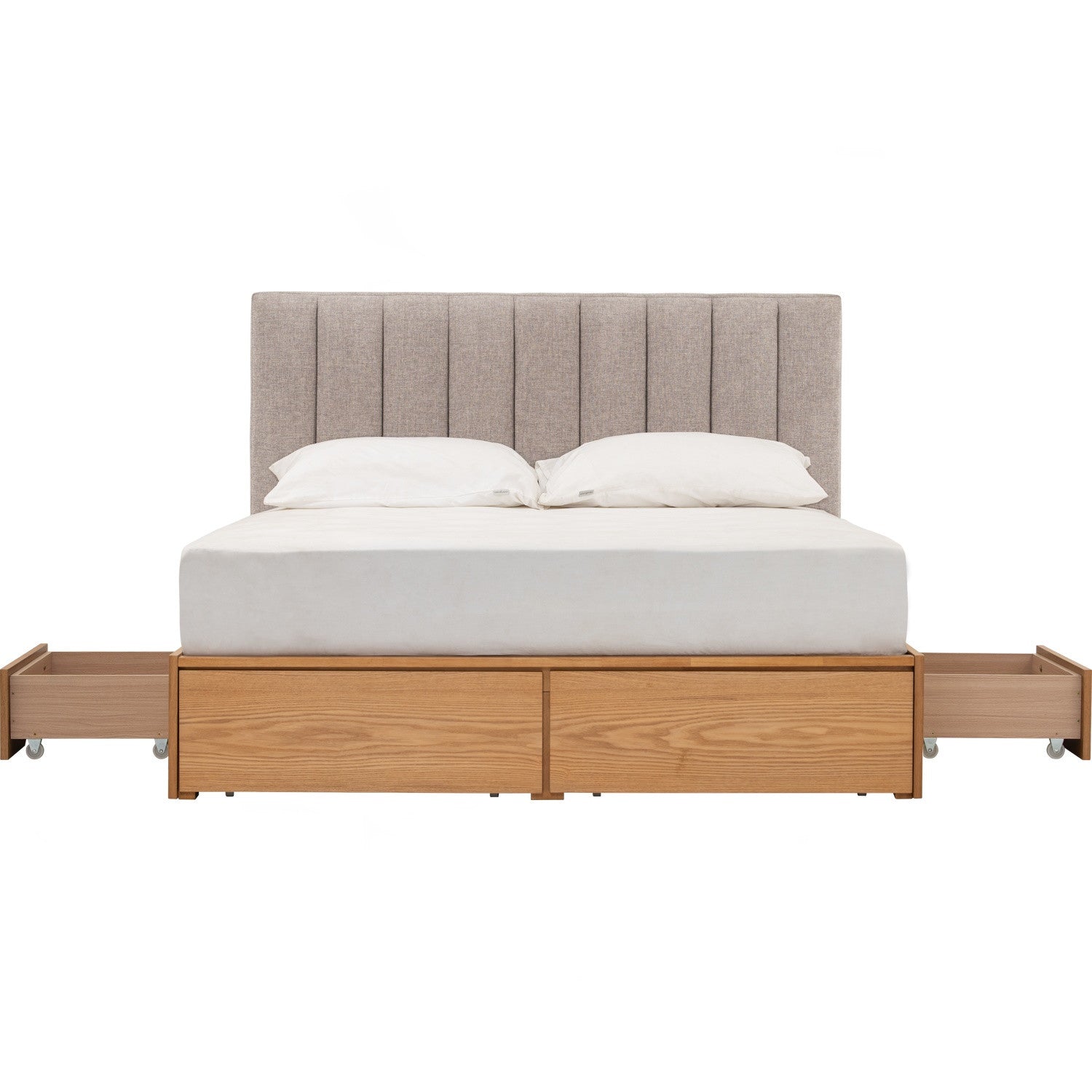 Mola Queen Bed with storage on Natural colour body, Greymist colour Belfast fabric (Fit mattress: 1530mm x 1930mm).