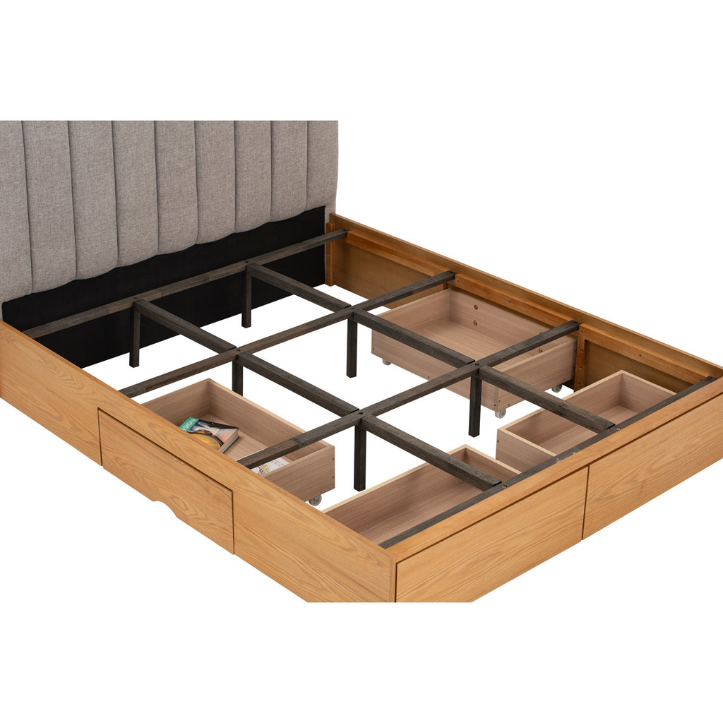 Mola Queen Bed with storage on Natural colour body, Greymist colour Belfast fabric (Fit mattress: 1530mm x 1930mm).
