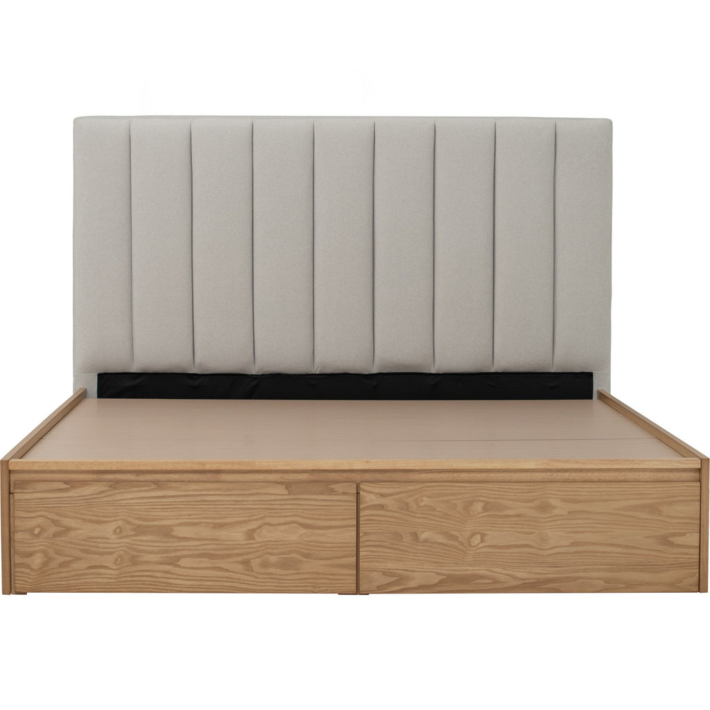 Mola Queen Bed with storage on Natural colour body, Grey Mist colour Mohair fabric (Pet friendly fabric) (Fit mattress: 1530mm x 1930mm).